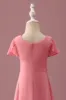 Coral Chiffon Short Sleeves A Line Junior Bridesmaid Dress with Bowknot sold by Zapaka