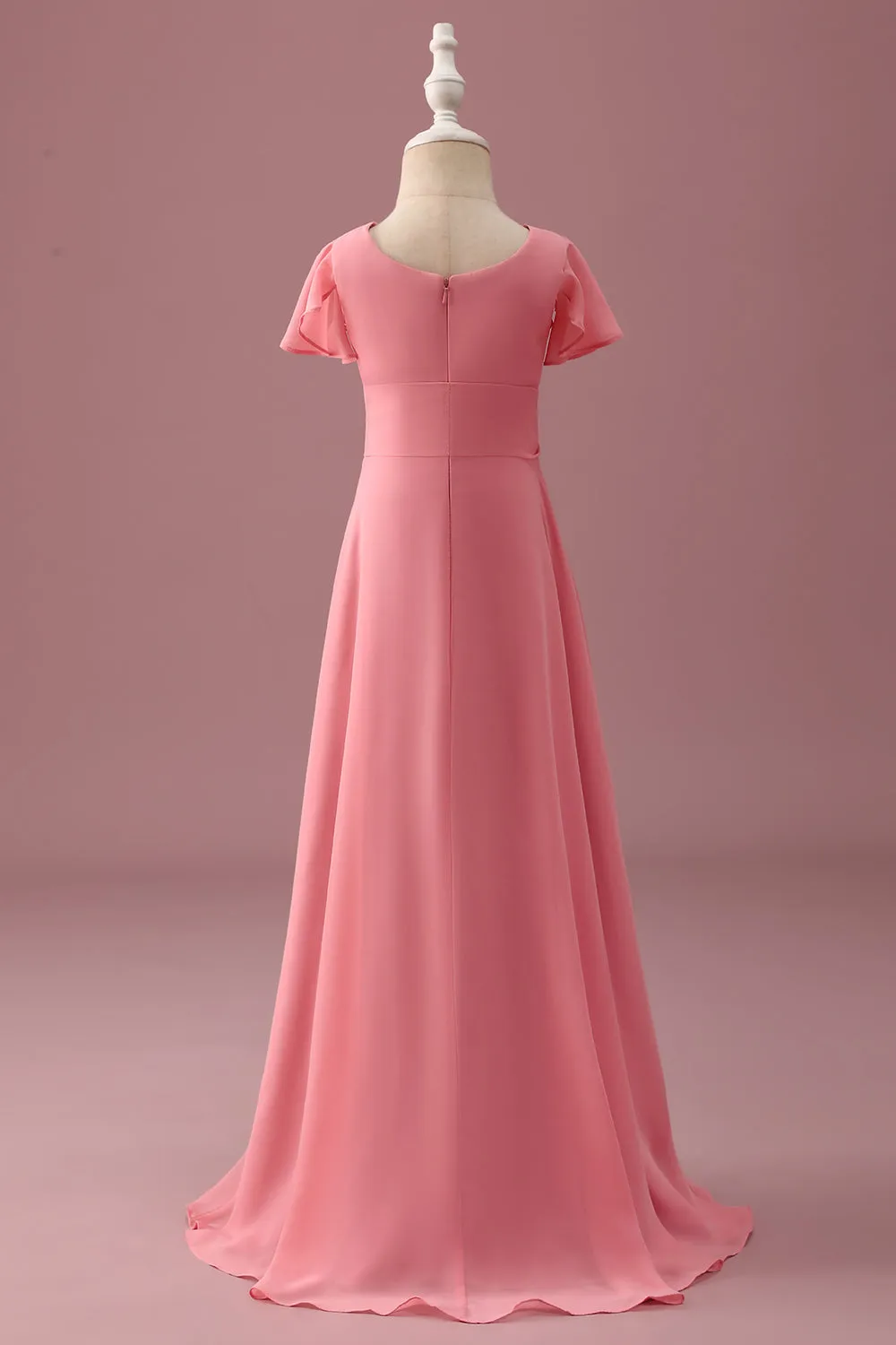 Coral Chiffon Short Sleeves A Line Junior Bridesmaid Dress with Bowknot sold by Zapaka product image thumbnail 2