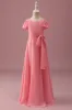 Coral Chiffon Short Sleeves A Line Junior Bridesmaid Dress with Bowknot sold by Zapaka