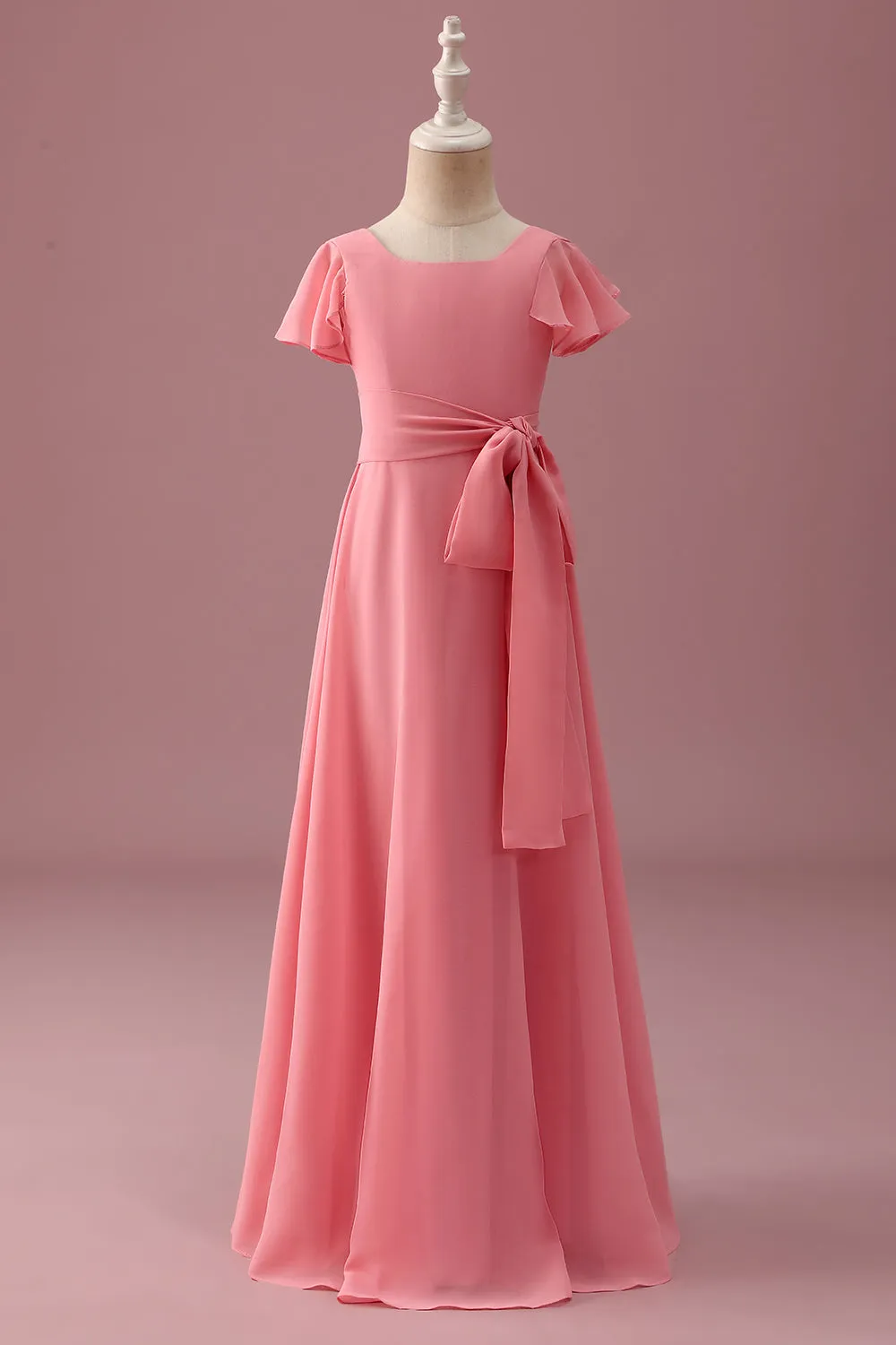 Coral Chiffon Short Sleeves A Line Junior Bridesmaid Dress with Bowknot sold by Zapaka