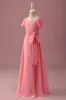 Coral Chiffon Short Sleeves A Line Junior Bridesmaid Dress with Bowknot sold by Zapaka