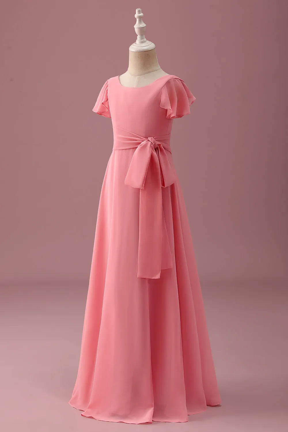 Coral Chiffon Short Sleeves A Line Junior Bridesmaid Dress with Bowknot sold by Zapaka product image thumbnail 3
