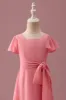 Coral Chiffon Short Sleeves A Line Junior Bridesmaid Dress with Bowknot sold by Zapaka