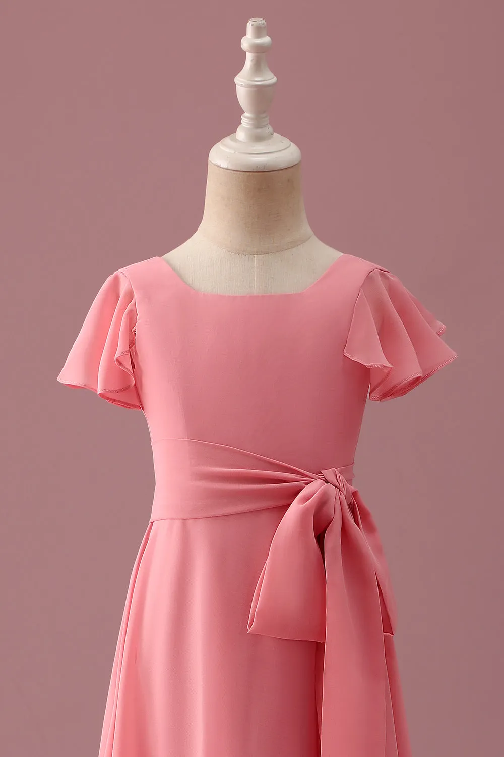 Coral Chiffon Short Sleeves A Line Junior Bridesmaid Dress with Bowknot sold by Zapaka product image thumbnail 4
