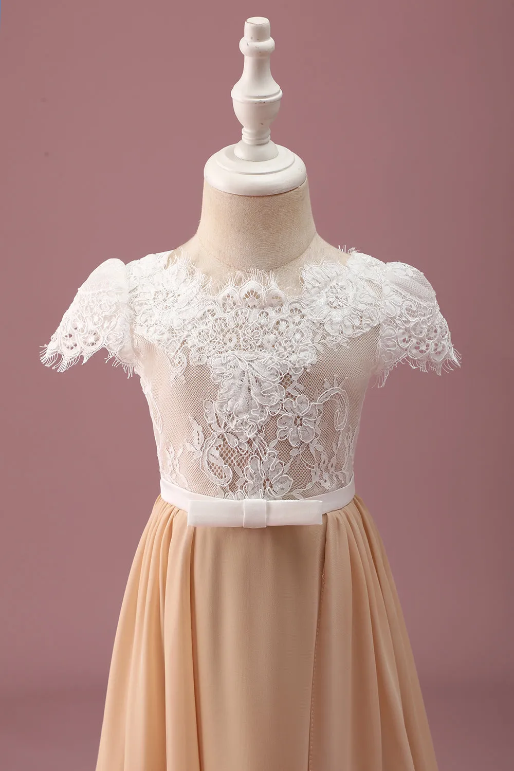 Champagne A Line Lace Junior Bridesmaid Dress With Short Sleeves sold by Zapaka product image thumbnail 3