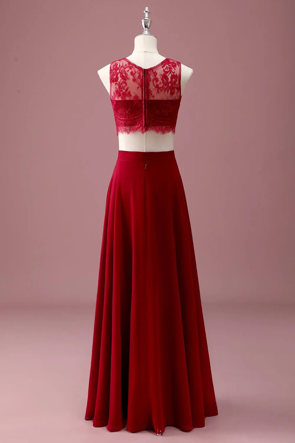 Burgundy Lace Round Neck A Line Long Junior Bridesmaid Dress with Crop Top sold by Zapaka product image thumbnail 2
