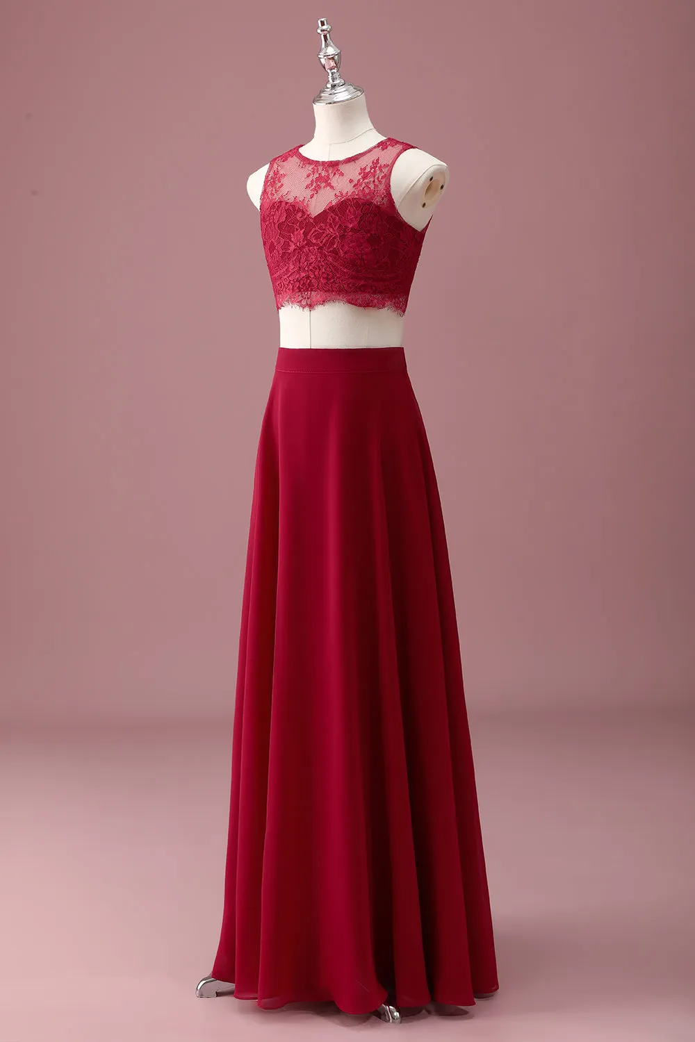 Burgundy Lace Round Neck A Line Long Junior Bridesmaid Dress with Crop Top sold by Zapaka product image thumbnail 3