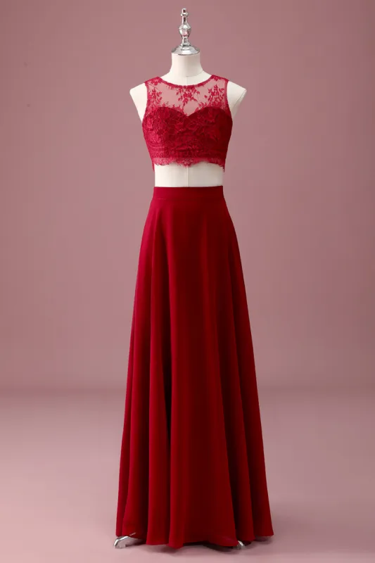Burgundy Lace Round Neck A Line Long Junior Bridesmaid Dress with Crop Top sold by Zapaka