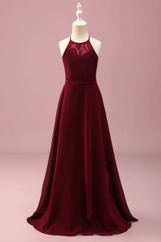 Burgundy Halter Lace A Line Chiffon Long Junior Bridesmaid Dress sold by Zapaka