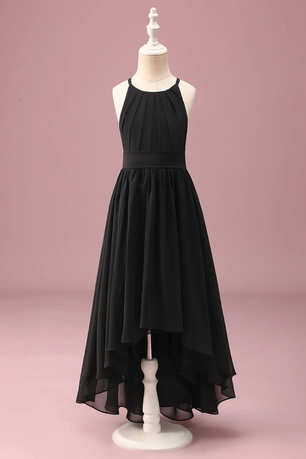 Black Round Neck A Line High Low Junior Bridesmaid Dress with Belt sold by Zapaka