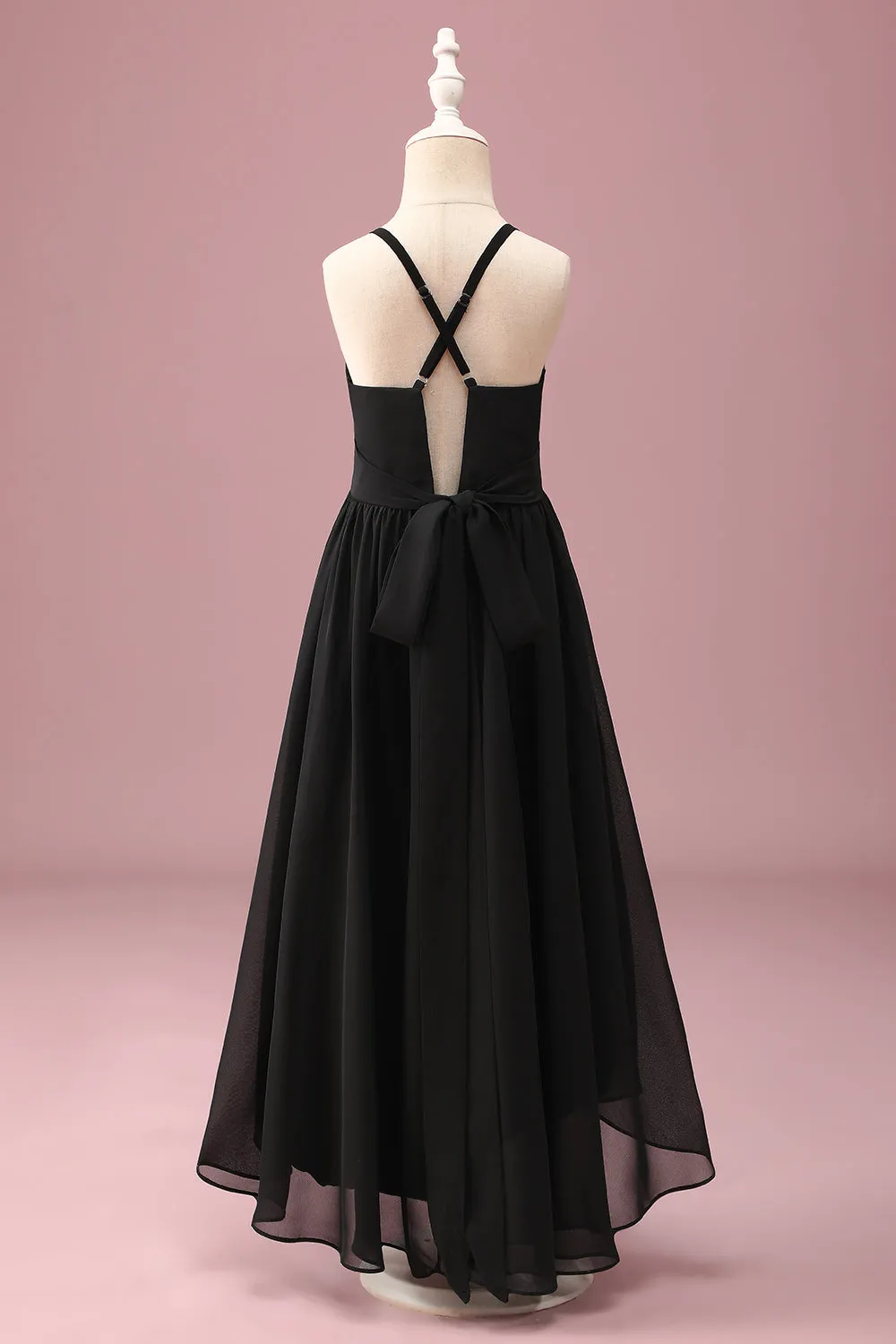 Black Round Neck A Line High Low Junior Bridesmaid Dress with Belt sold by Zapaka product image thumbnail 2