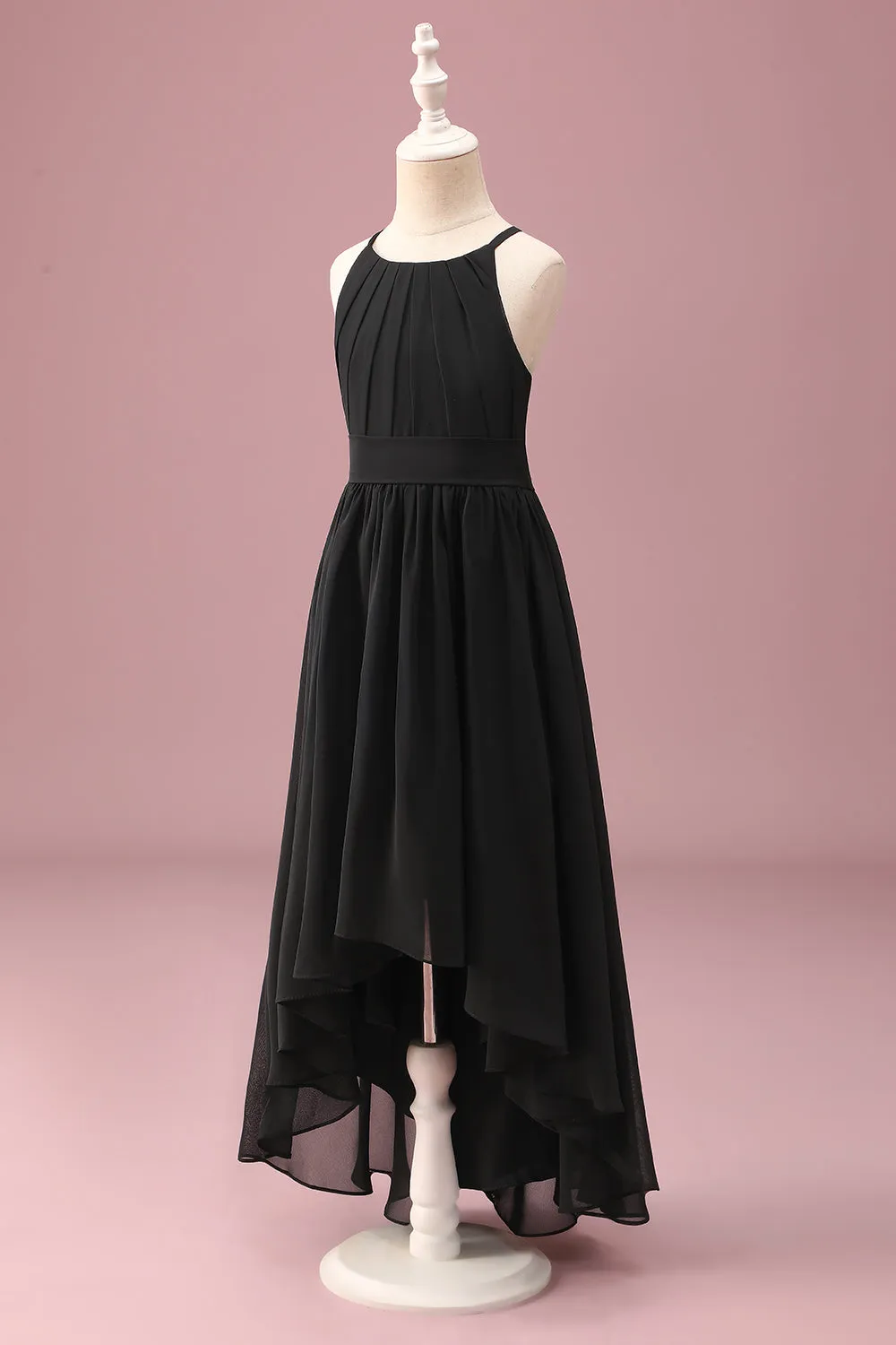 Black Round Neck A Line High Low Junior Bridesmaid Dress with Belt sold by Zapaka product image thumbnail 3