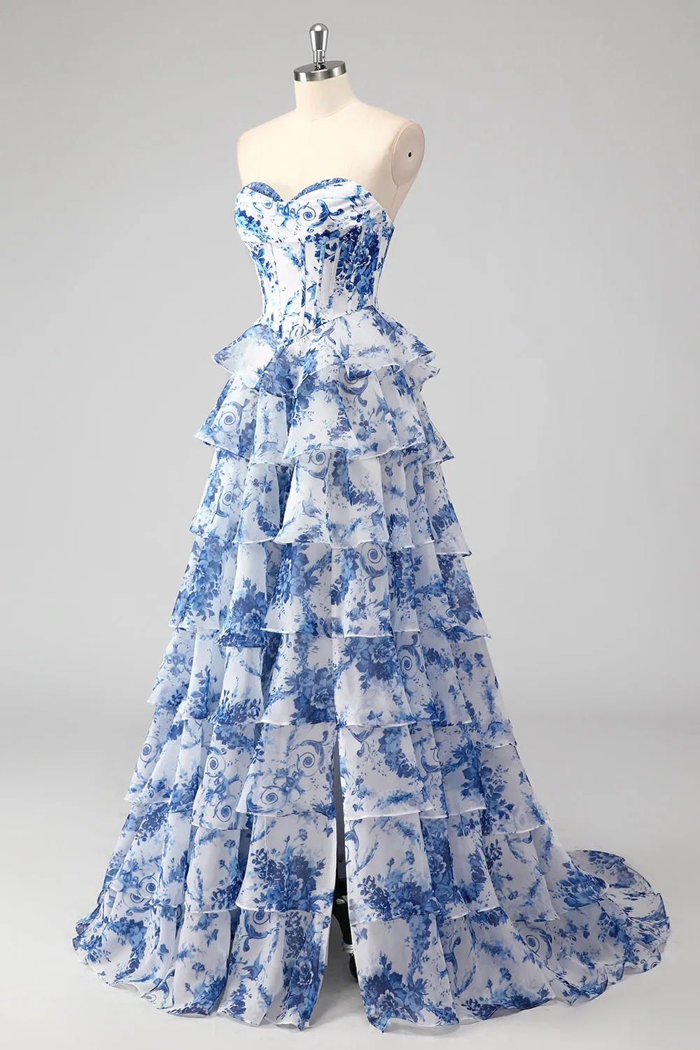 Blue White Flower A-Line Sweetheart Tiered Long Prom Dress with Slit sold by Zapaka product image thumbnail 3