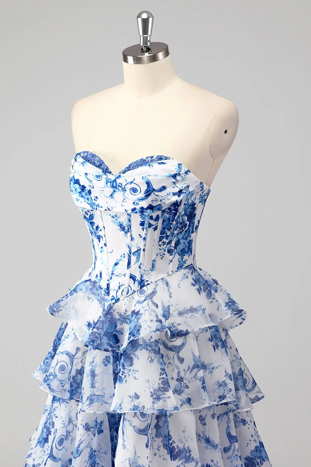 Blue White Flower A-Line Sweetheart Tiered Long Prom Dress with Slit sold by Zapaka product image thumbnail 5