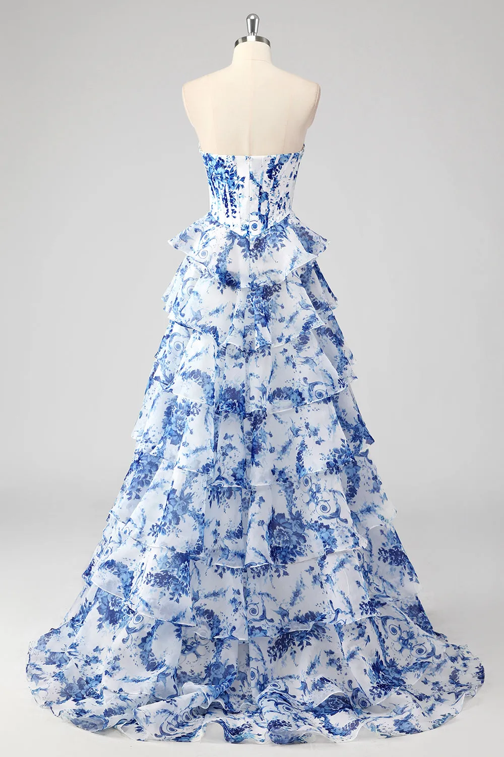 Blue White Flower A-Line Sweetheart Tiered Long Prom Dress with Slit sold by Zapaka product image thumbnail 2