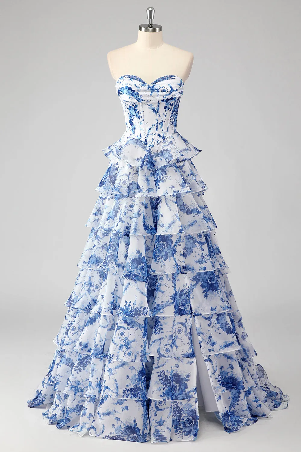 Blue White Flower A-Line Sweetheart Tiered Long Prom Dress with Slit sold by Zapaka