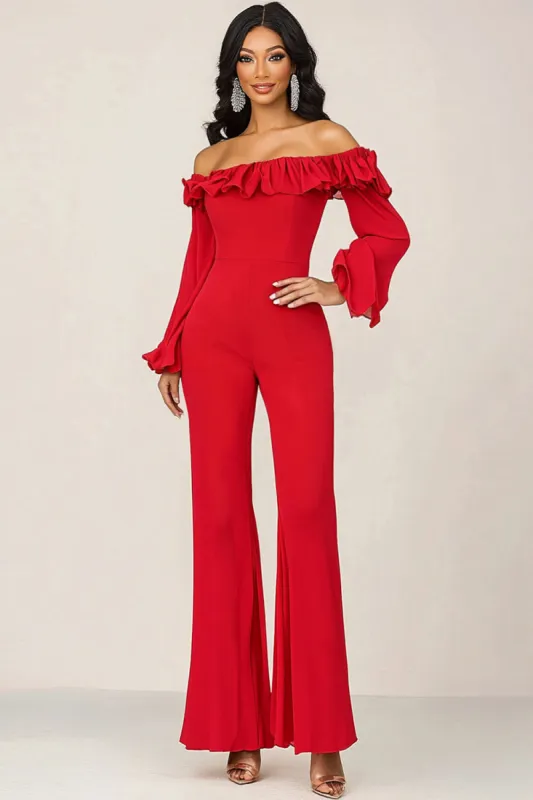 Red Ruffled Off the Shoulder Mother Of the Bride Jumpsuit with Long Sleeves sold by Zapaka