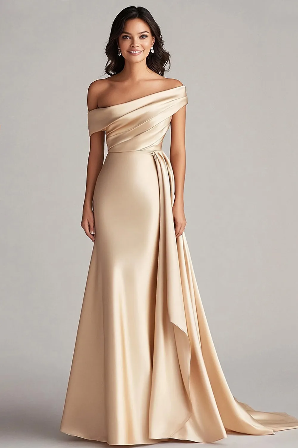One Shoulder Pleated Champagne Sheath Long Formal Dress sold by Zapaka