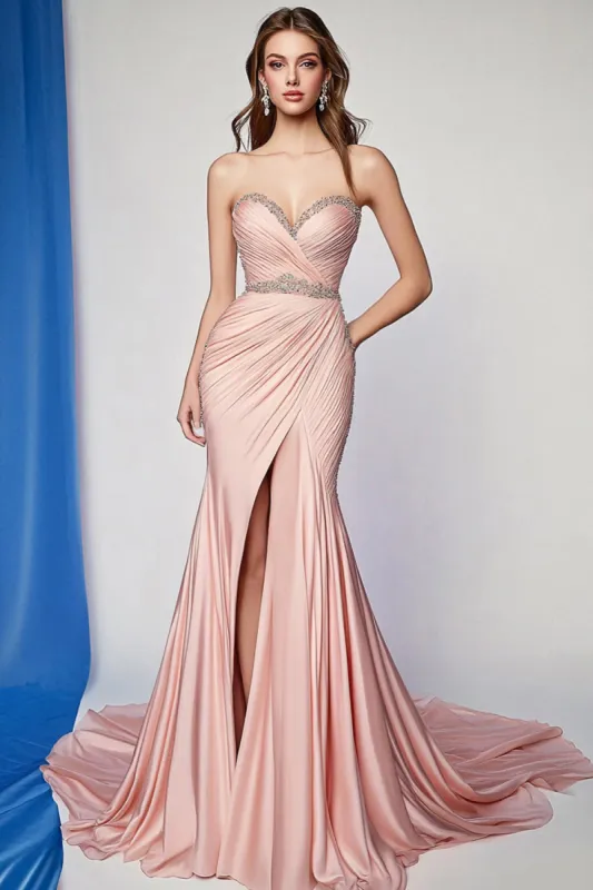 Blush Pleated Mermaid Strapless Beads Formal Dress with Slit sold by Zapaka