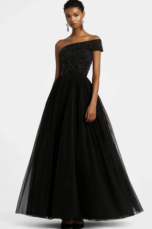Sparkly One Shoulder Black A Line Beaded Tulle Long Formal Dress sold by Zapaka