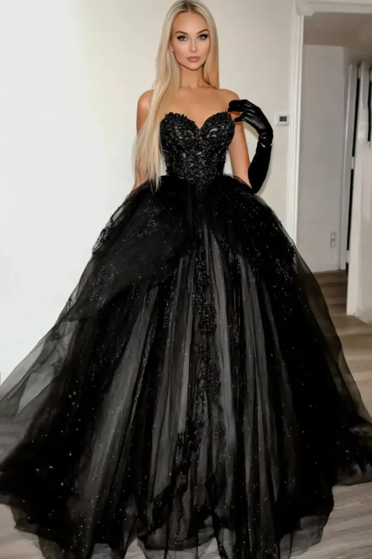 Sparkly Black Sweetheart Princess Tulle Long Prom Dress with Appliques sold by Zapaka