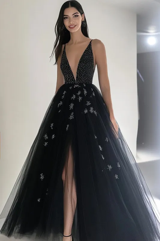 Black V Neck Princess Tulle Long Prom Dress with Beading made by Zapaka