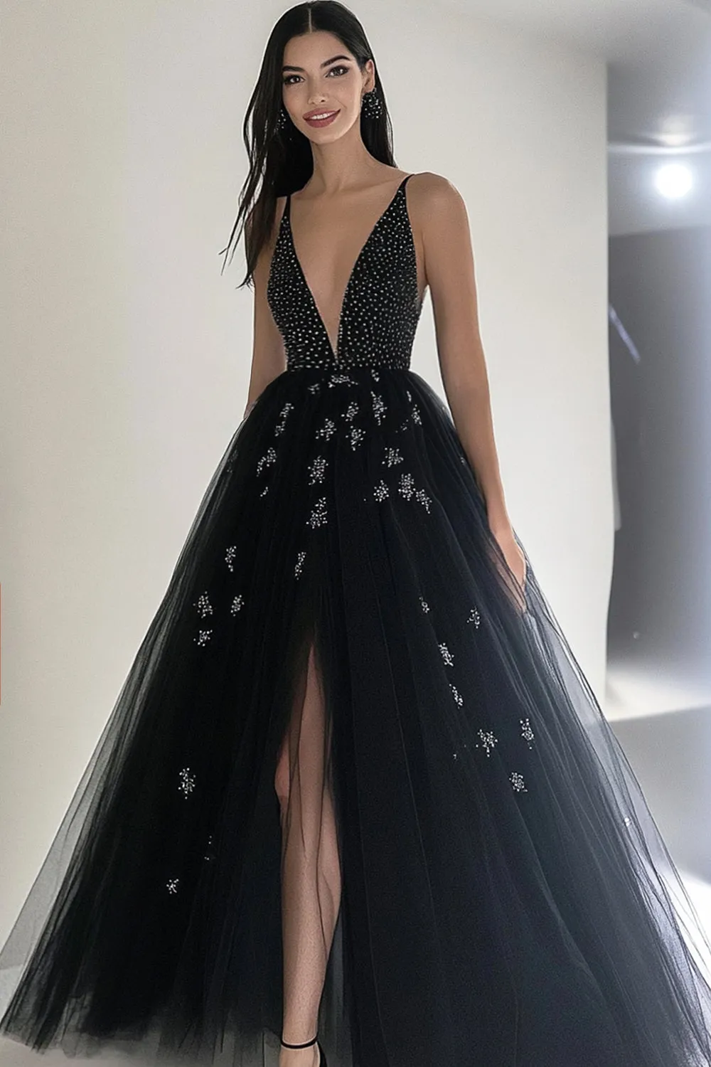 Black V Neck Princess Tulle Long Prom Dress with Beading sold by Zapaka