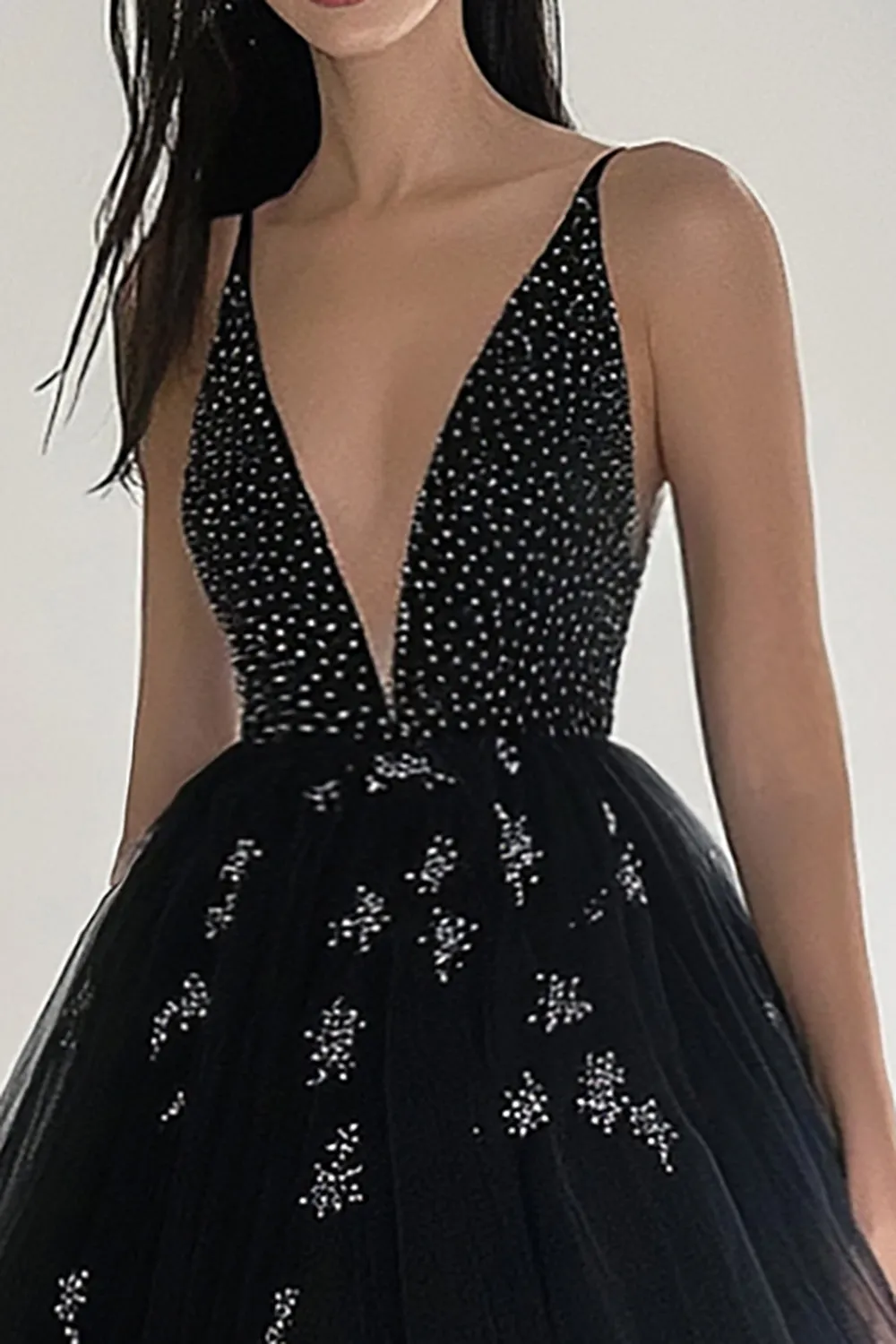 Black V Neck Princess Tulle Long Prom Dress with Beading sold by Zapaka product image thumbnail 2
