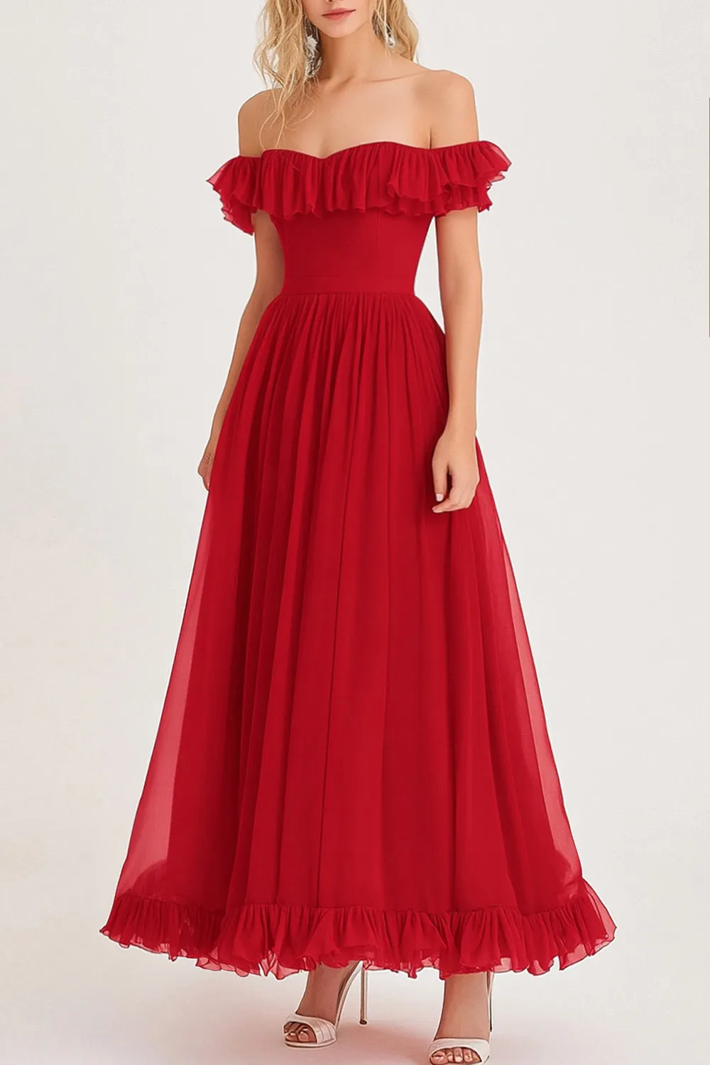 Off the Shoulder Pleated Ruffled A Line Red Long Formal Dress sold by Zapaka