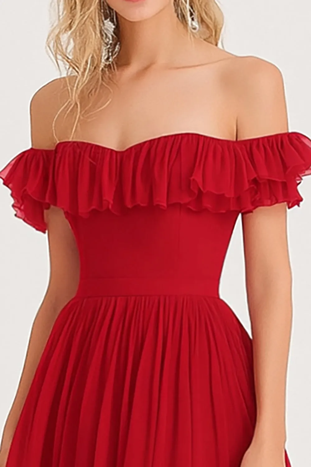 Off the Shoulder Pleated Ruffled A Line Red Long Formal Dress sold by Zapaka product image thumbnail 2