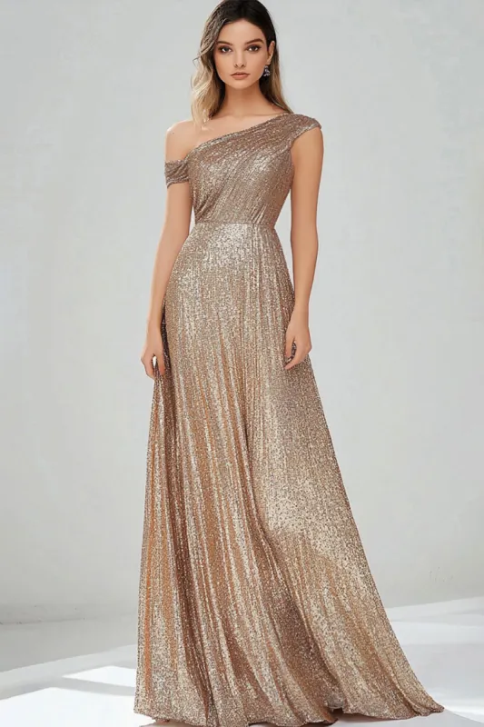 Golden One Shoulder Sequins A Line Long Prom Dress sold by Zapaka