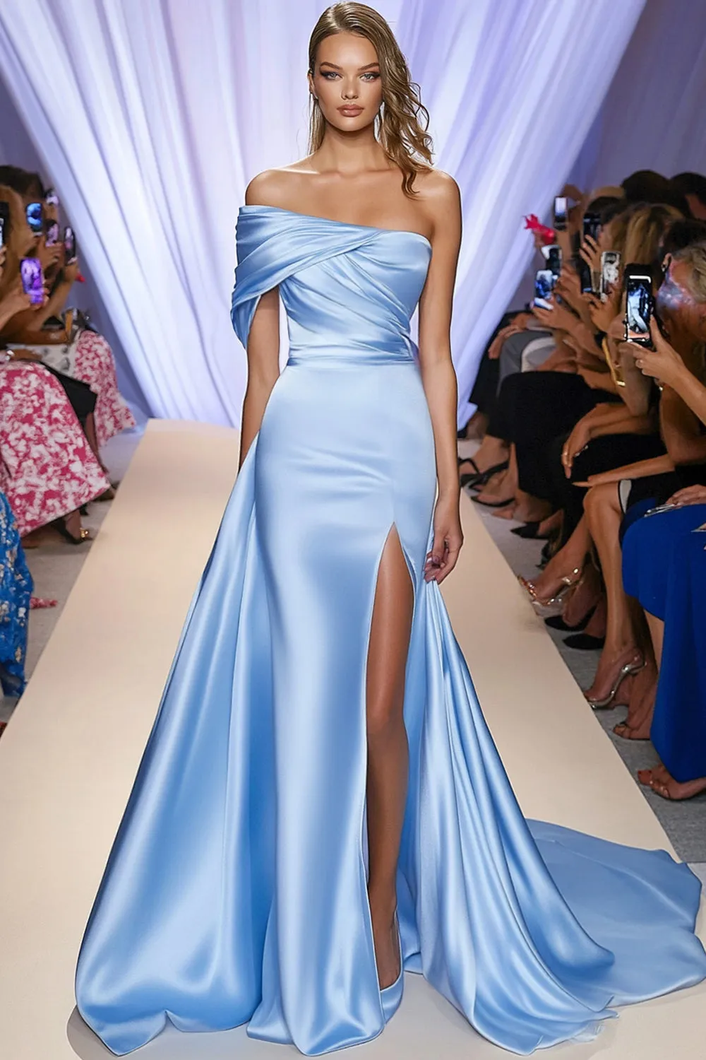 Light Blue One Shoulder Sheath Ruched Satin Formal Dress with Slit sold by Zapaka