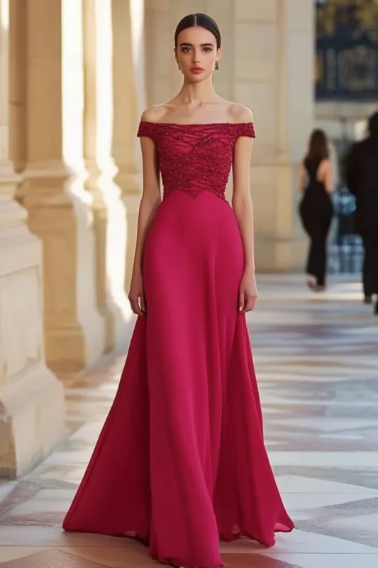 Red A Line Beaded Off the Shoulder Long Formal Dress sold by Zapaka