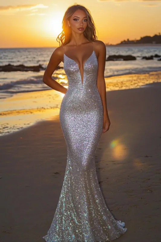 Sparkly Silver Backless Mermaid Long Formal Dress sold by Zapaka