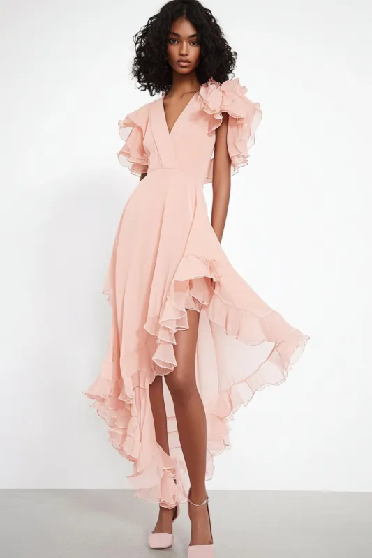 Pink V-Neck Ruffles Chiffon Asymmetrical Formal Dress sold by Zapaka