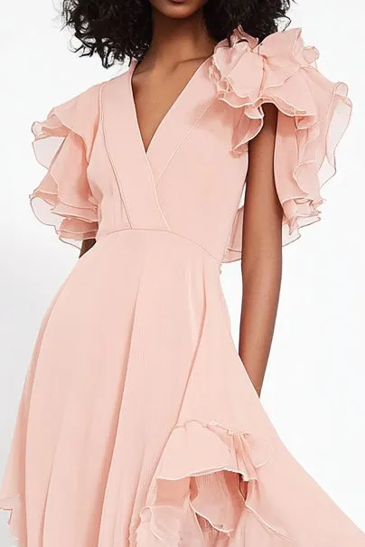 Pink V-Neck Ruffles Chiffon Asymmetrical Formal Dress sold by Zapaka product image thumbnail 2