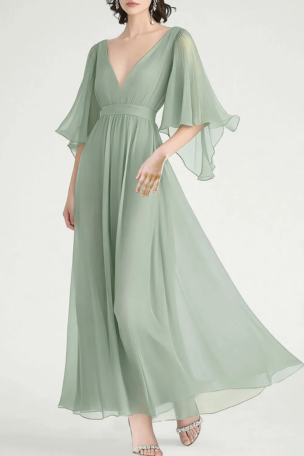 Dusty Sage A Line V-Neck Chiffon Angel Sleeves Formal Dress sold by Zapaka