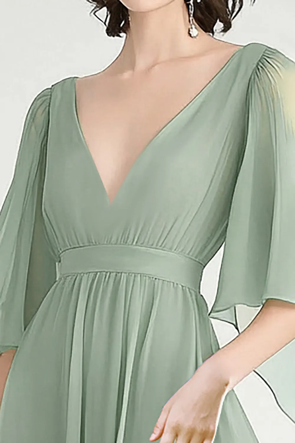 Dusty Sage A Line V-Neck Chiffon Angel Sleeves Formal Dress sold by Zapaka product image thumbnail 2