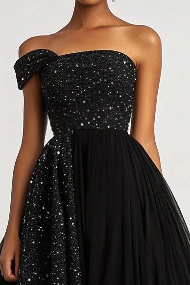 Black One Shoulder A Line Sequin Long Formal Dress sold by Zapaka product image thumbnail 2
