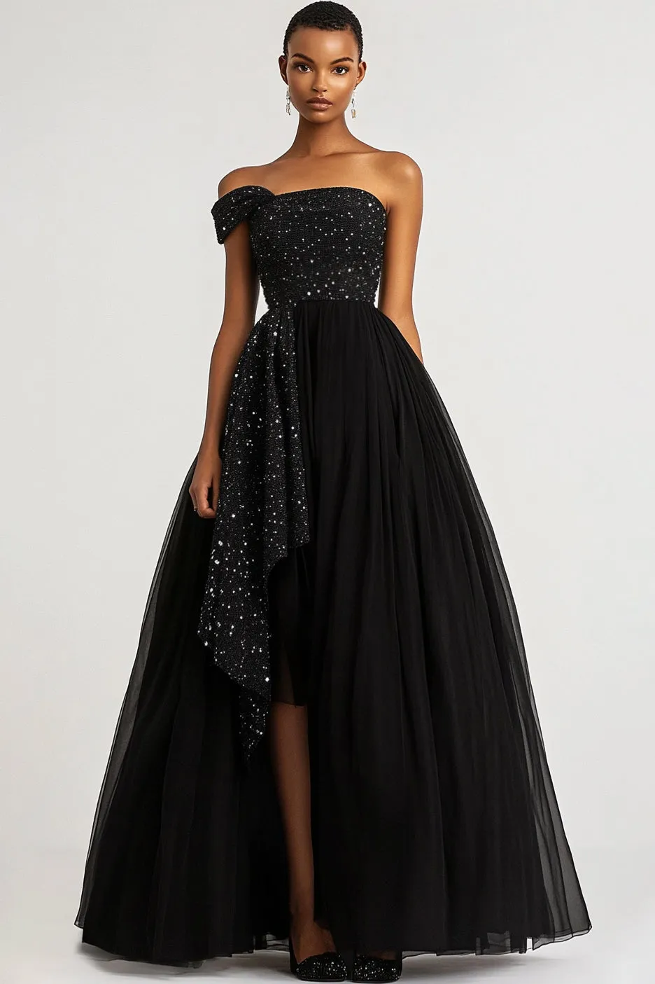 Black One Shoulder A Line Sequin Long Formal Dress sold by Zapaka