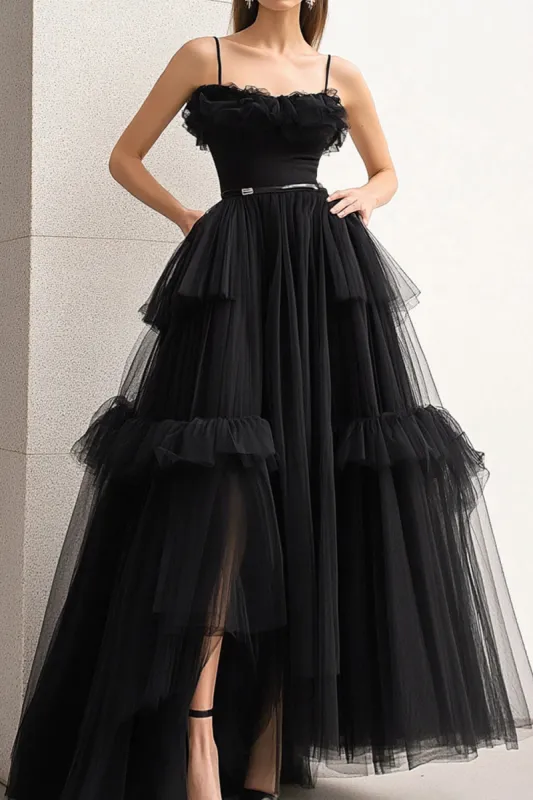 Black A Line Spaghetti Straps Ruffles Tulle Long Prom Dress made by Zapaka