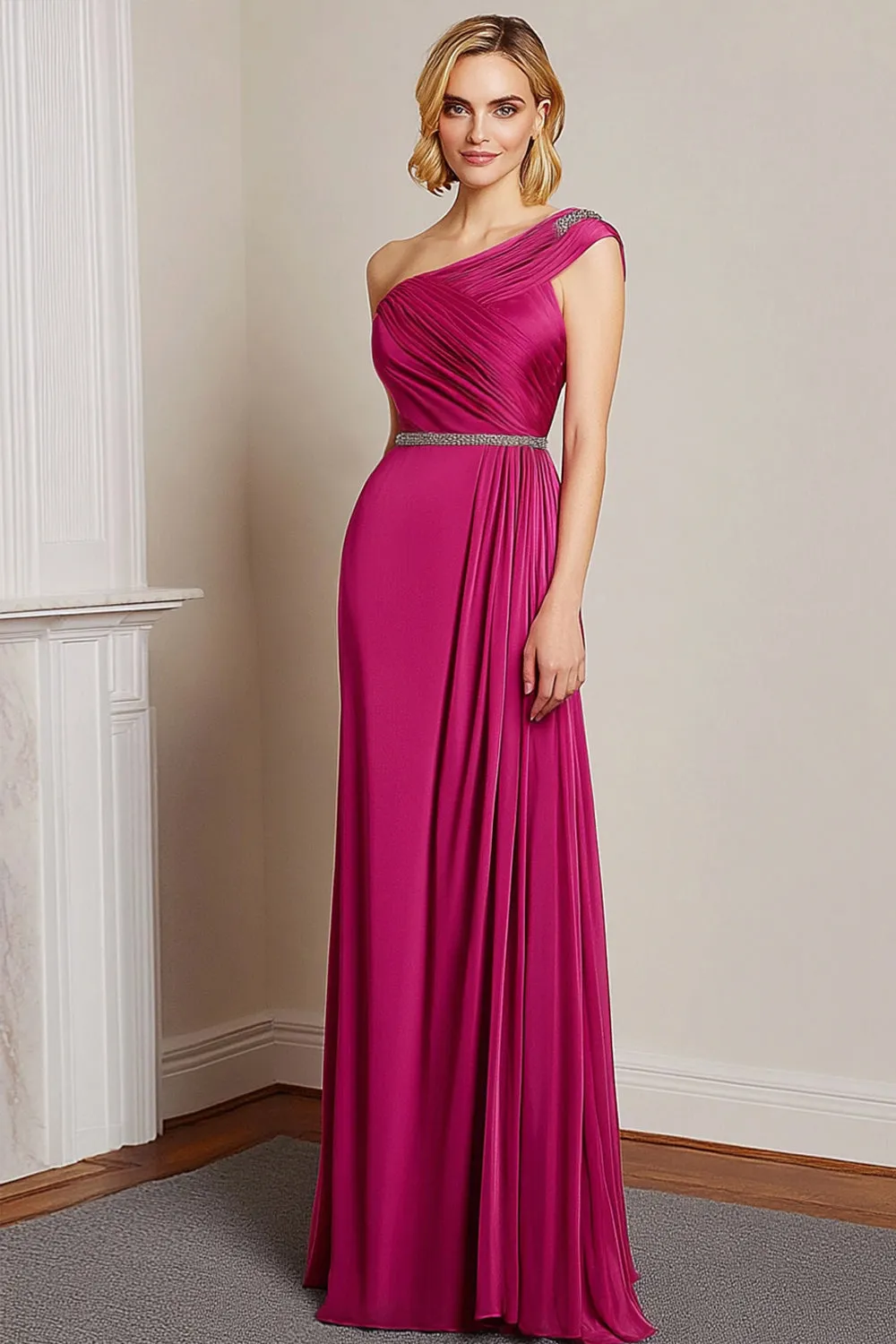 Fuchsia One Shoulder Sheath Satin Ruched Long Prom Dress sold by Zapaka