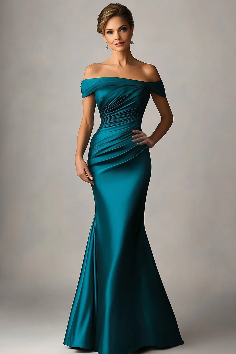 Peacock Blue Mermaid Off The Shoulder Ruched Satin Formal Dress sold by Zapaka