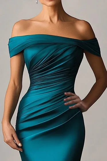 Peacock Blue Mermaid Off The Shoulder Ruched Satin Formal Dress sold by Zapaka product image thumbnail 2