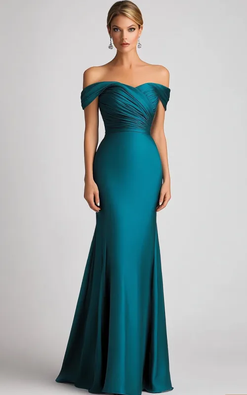 Mermaid Off The Shoulder Peacock Blue Satin Ruched Long Formal Dress sold by Zapaka
