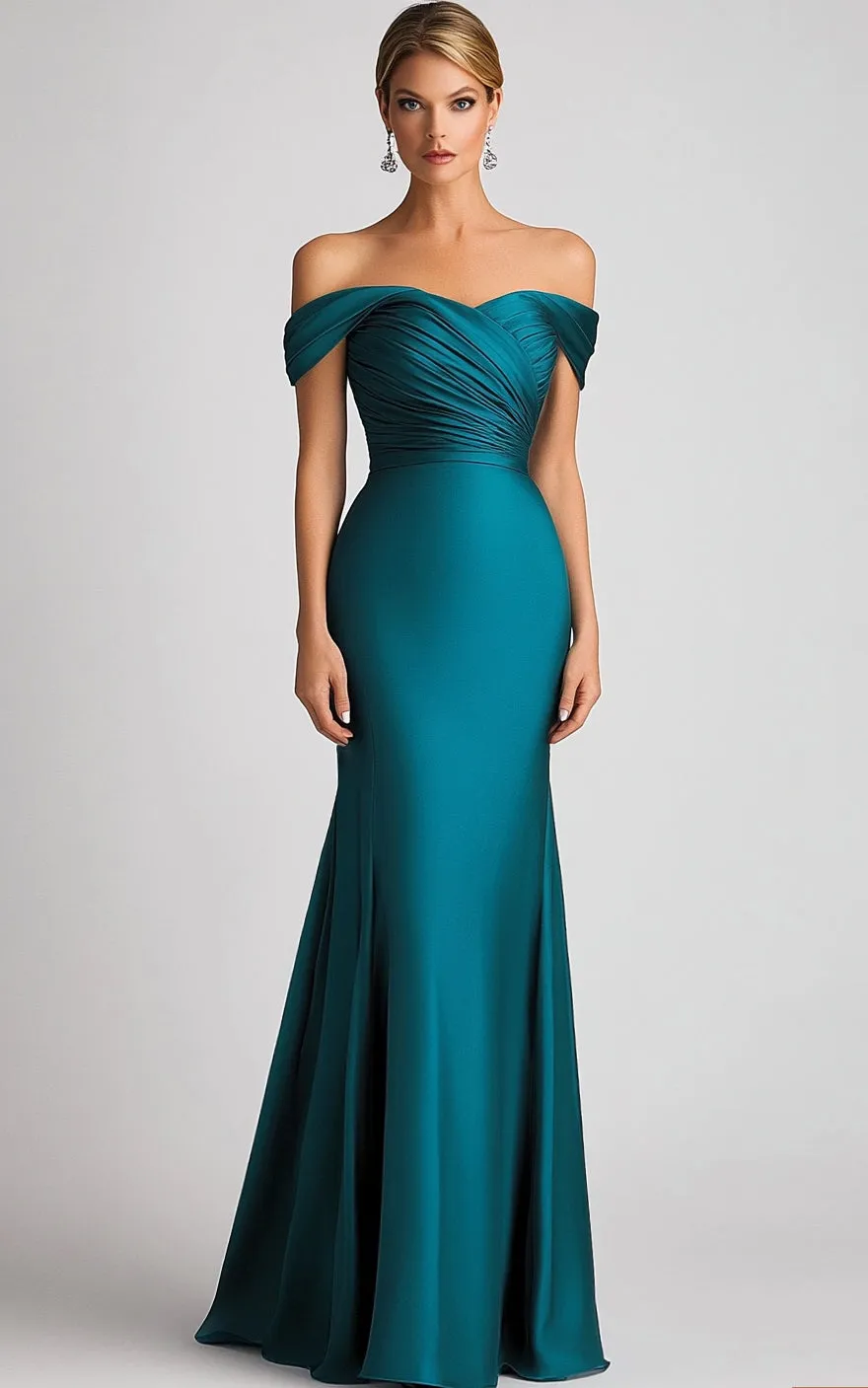 Mermaid Off The Shoulder Peacock Blue Satin Ruched Long Formal Dress sold by Zapaka