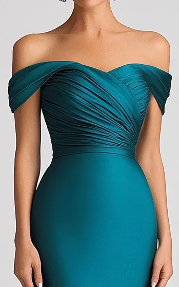Mermaid Off The Shoulder Peacock Blue Satin Ruched Long Formal Dress sold by Zapaka product image thumbnail 2
