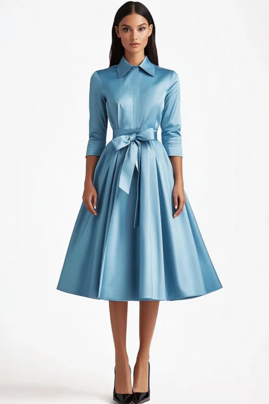 Blue A Line Flared Front Button Closures Mid Length Formal Dress with Long Sleeves sold by Zapaka