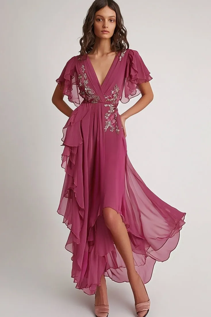 Embellished Dark Pink V Neck A Line Floral Maxi Formal Dress with Ruffles sold by Zapaka