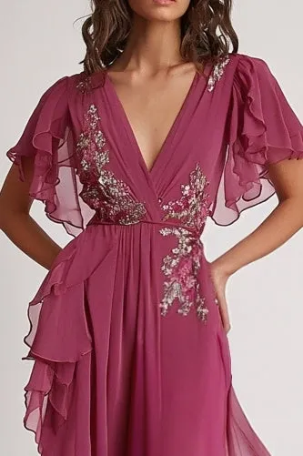 Embellished Dark Pink V Neck A Line Floral Maxi Formal Dress with Ruffles sold by Zapaka product image thumbnail 2
